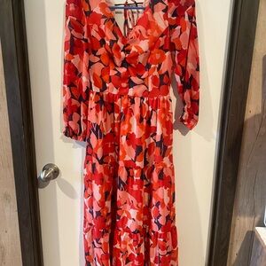 Sincerely Jules Vibrant Red and Pink Floral Long Sleeve Dress